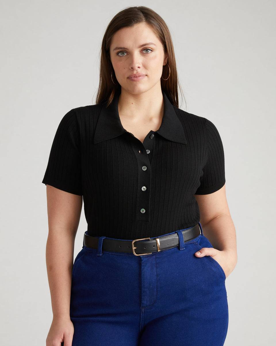Jacqueline Short Sleeve Polo Sweater - Black Zoom image 1