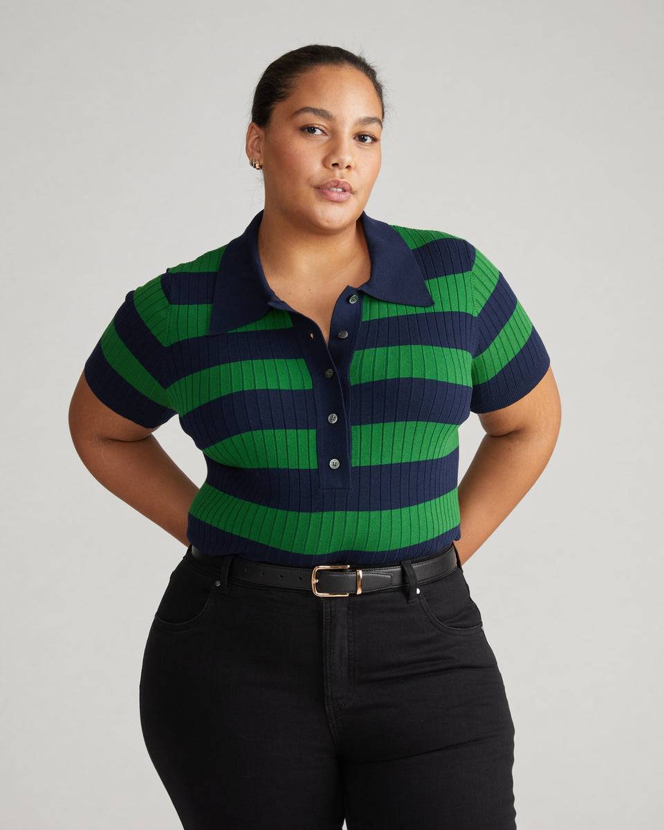 Jacqueline Short Sleeve Polo Sweater - Navy/Mineral Green Zoom image 0
