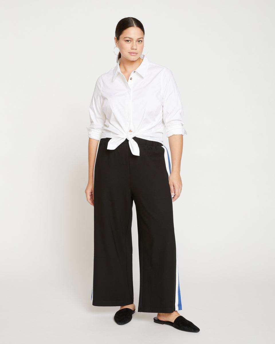 Stephanie Wide Leg Stripe Ponte Pants 27 Inch - Black with Blue/White Stripe Zoom image 0