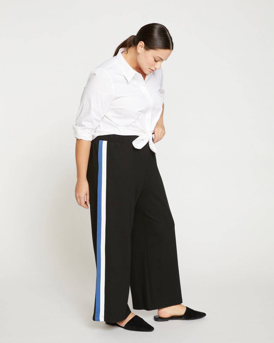 Stephanie Wide Leg Stripe Ponte Pants 27 Inch - Black with Blue/White Stripe Zoom image 2