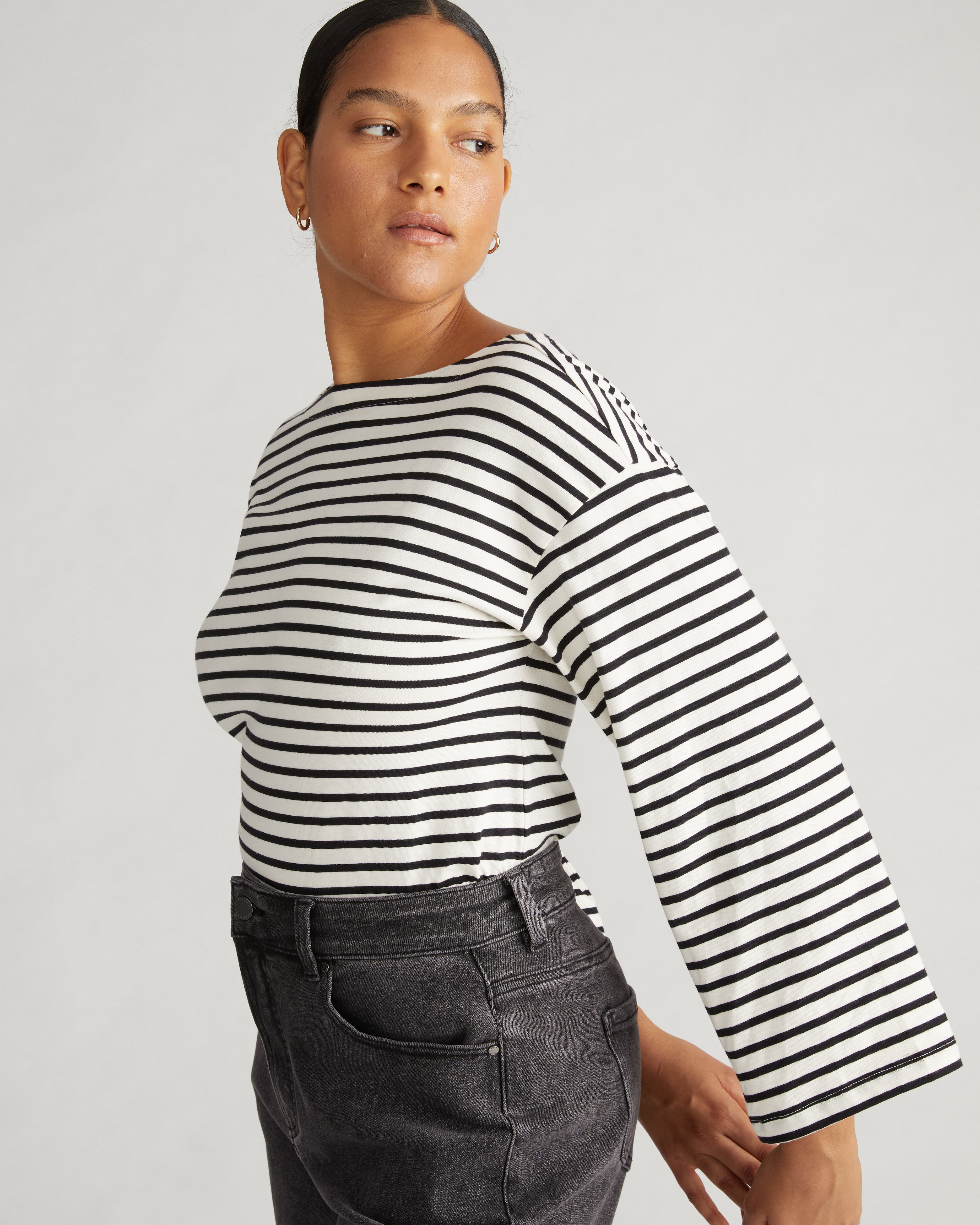 Montauk Breton Stripe Bell Sleeve Top - Ecru/Black Stripe