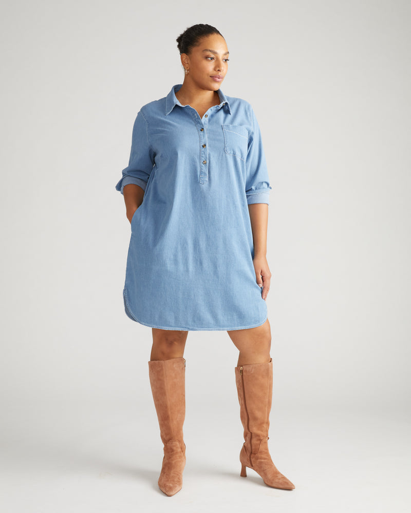 Stretch Cotton Chambray Rubicon Shirtdress - Cove Blue