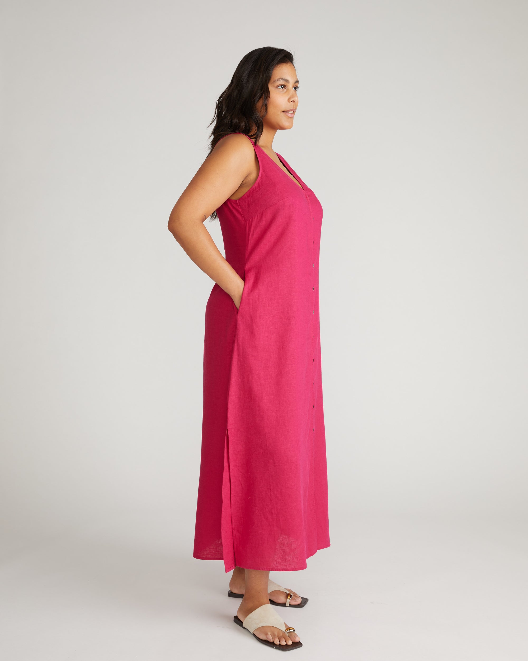 Islet Button-Down Linen Maxi Dress - Cerise