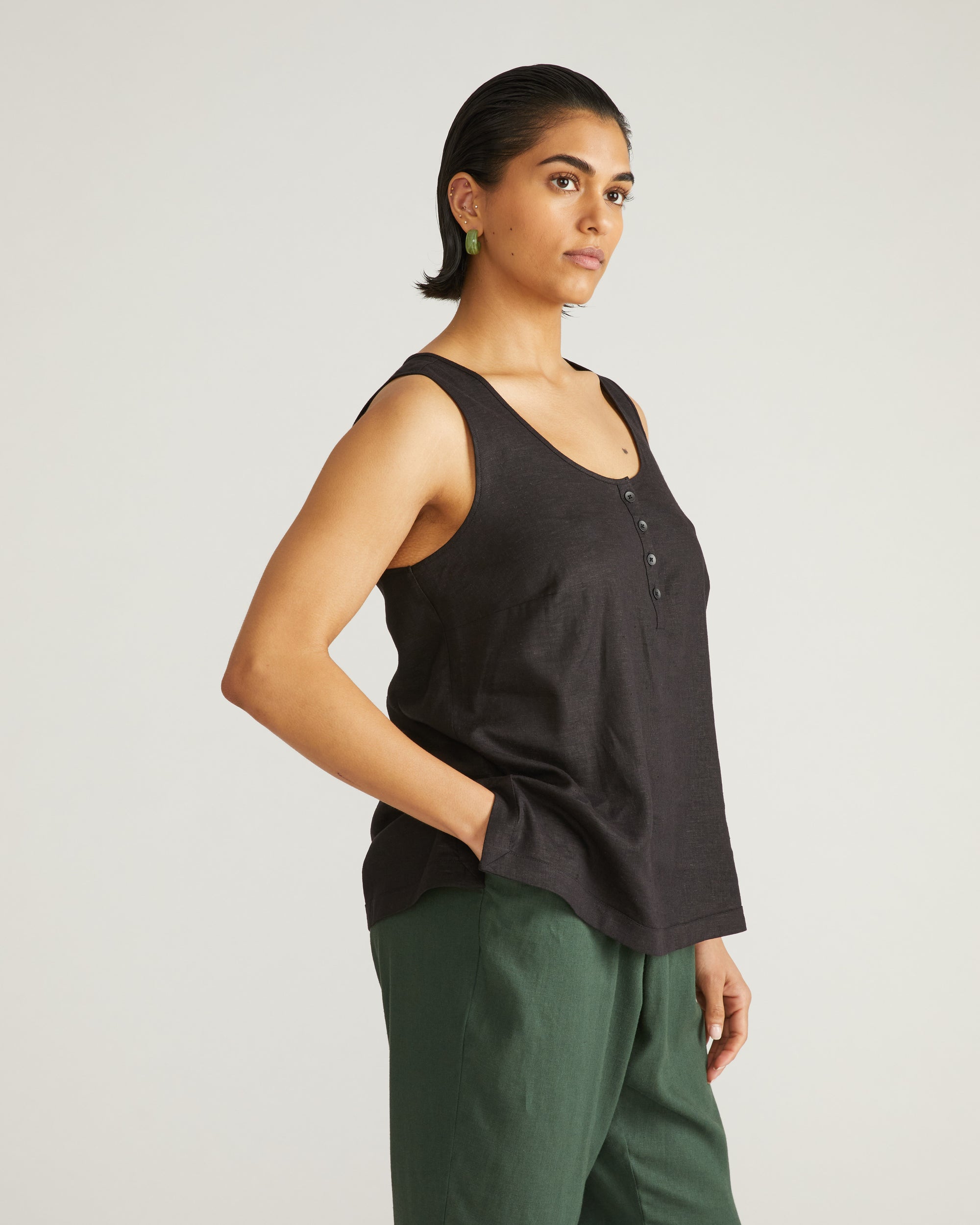 Henley Linen Tank - Black