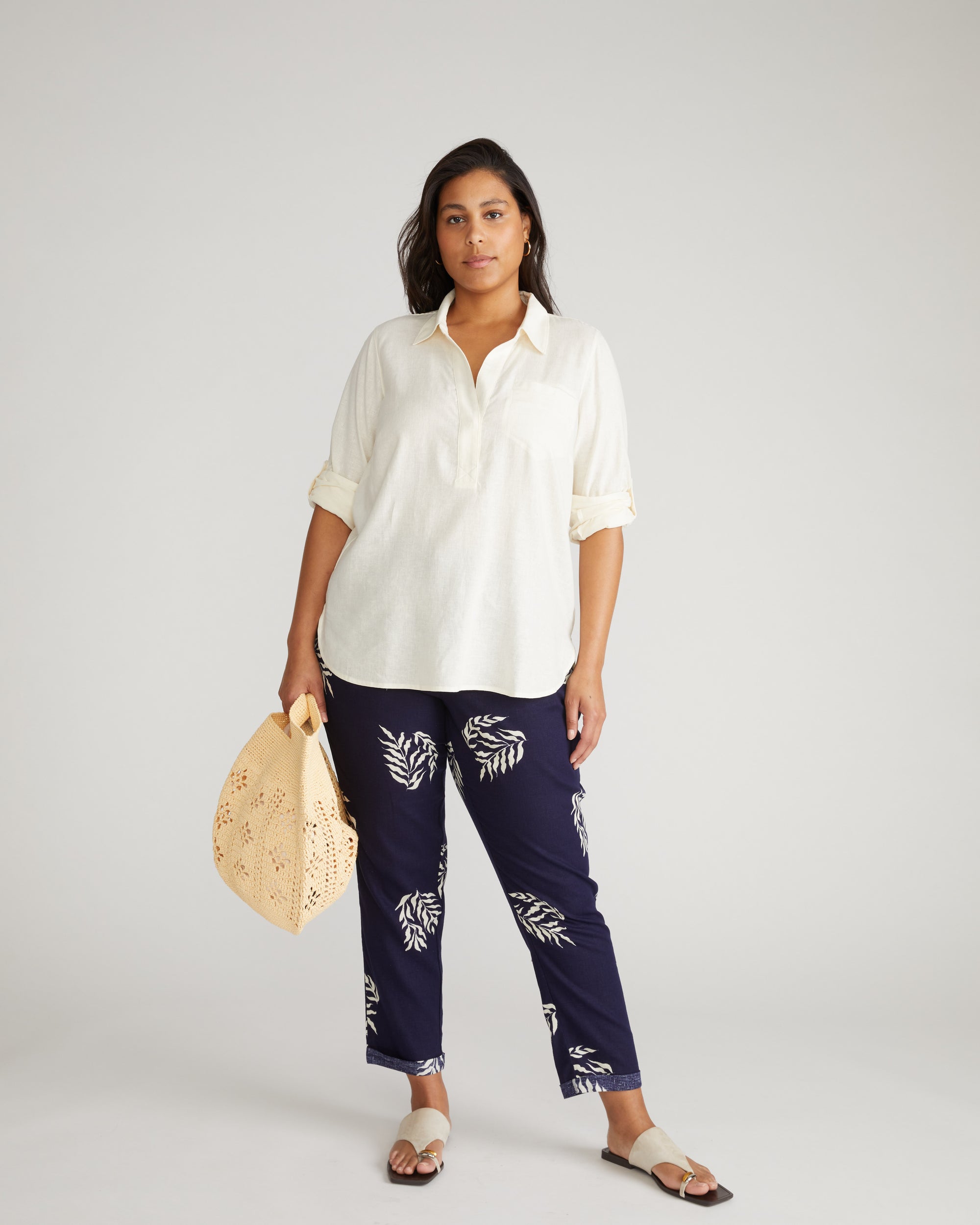 Sayville Linen Drawstring Pant - Beachgrass Print in Navy