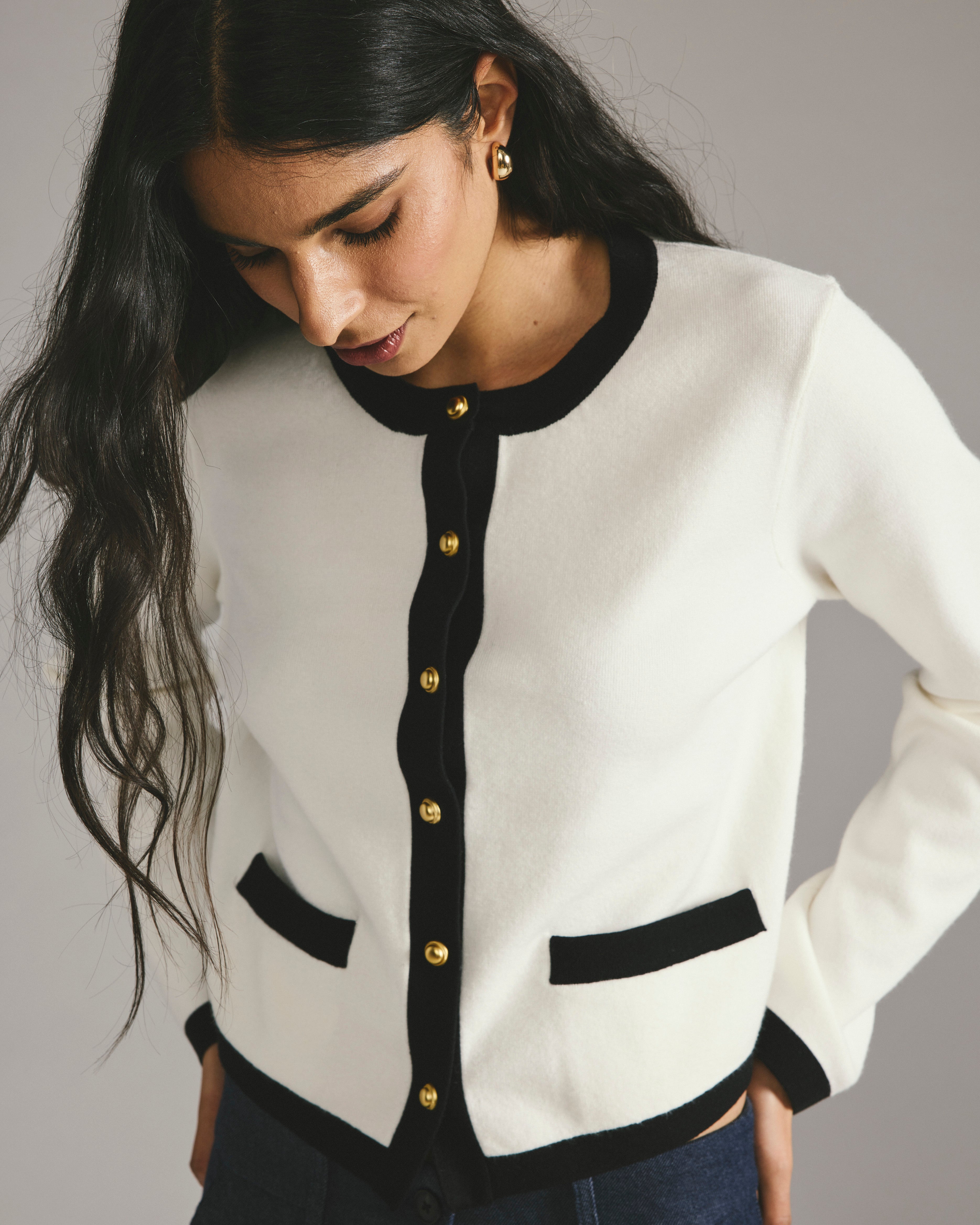 NULLUS 25aw BUTTON UP CARDIGAN 深水光太着用 Gabrielle Button-Front Cardigan - Cream with Black Accents