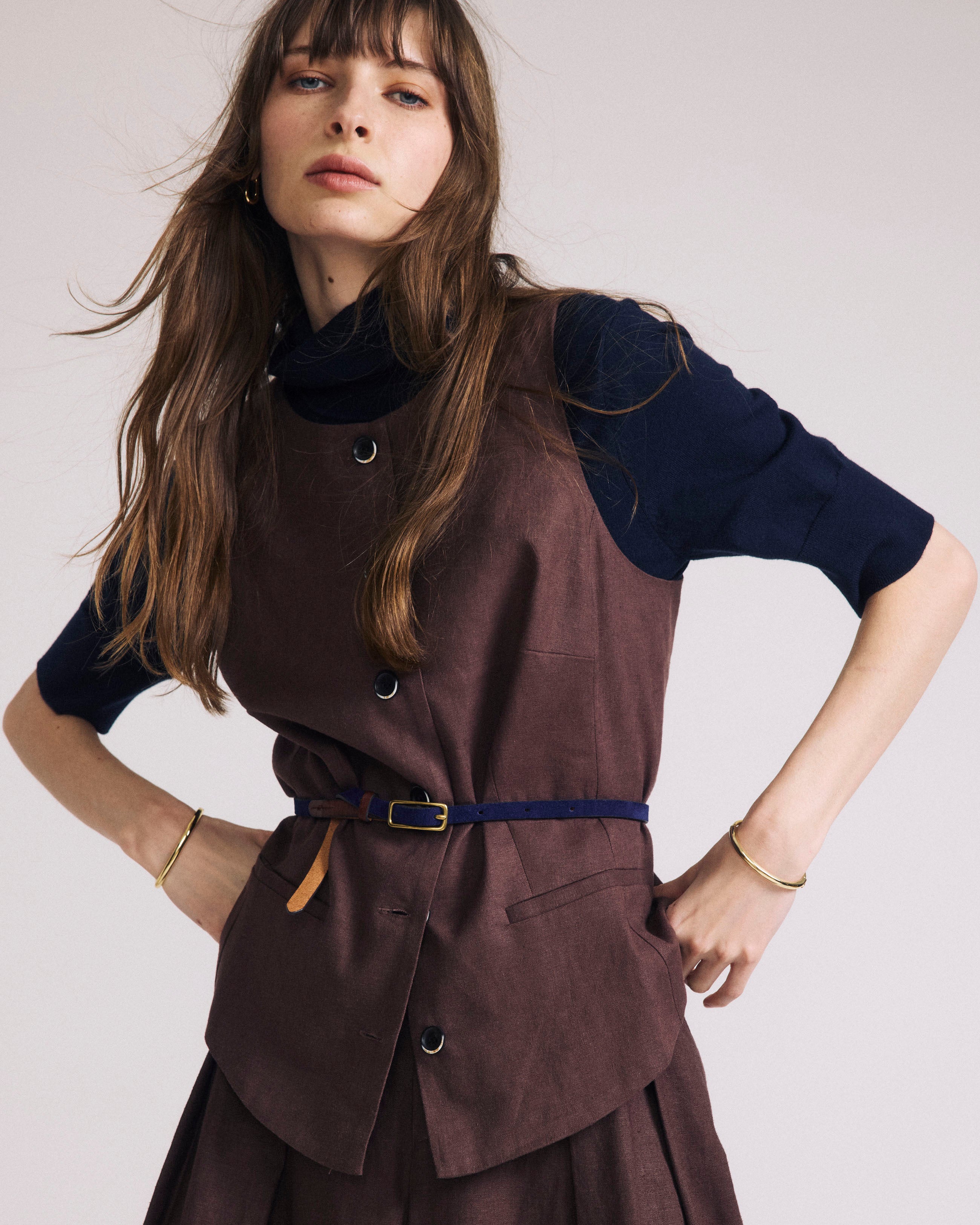 Tamsin Stretch Linen Blend Vest - / Sophisticated Brown- Size2XL