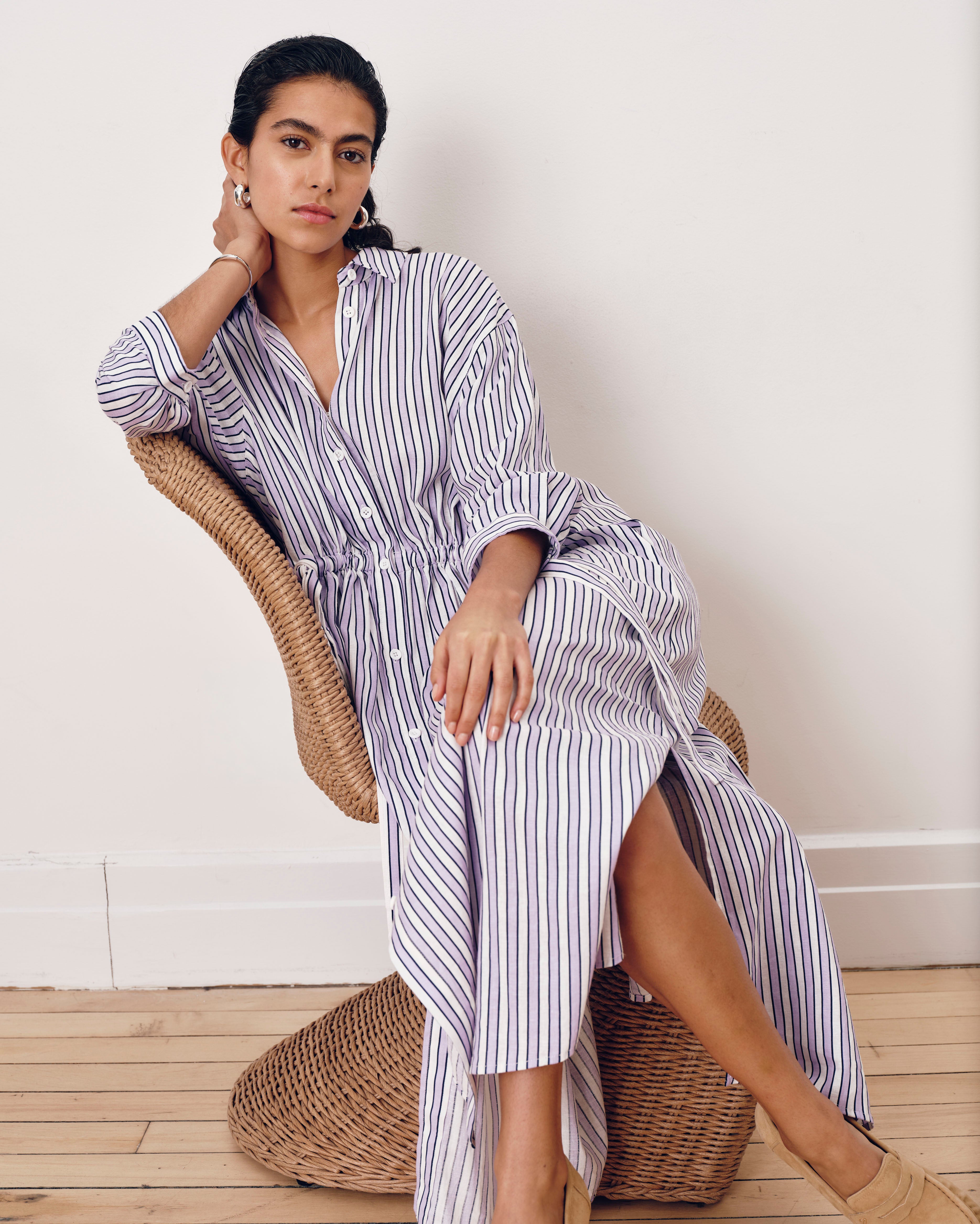 ヌキテパPoplin Viola Print Big Shrits Dress Paros Drawstring Linen Shirtdress - Lilac Stripe Print – Universal