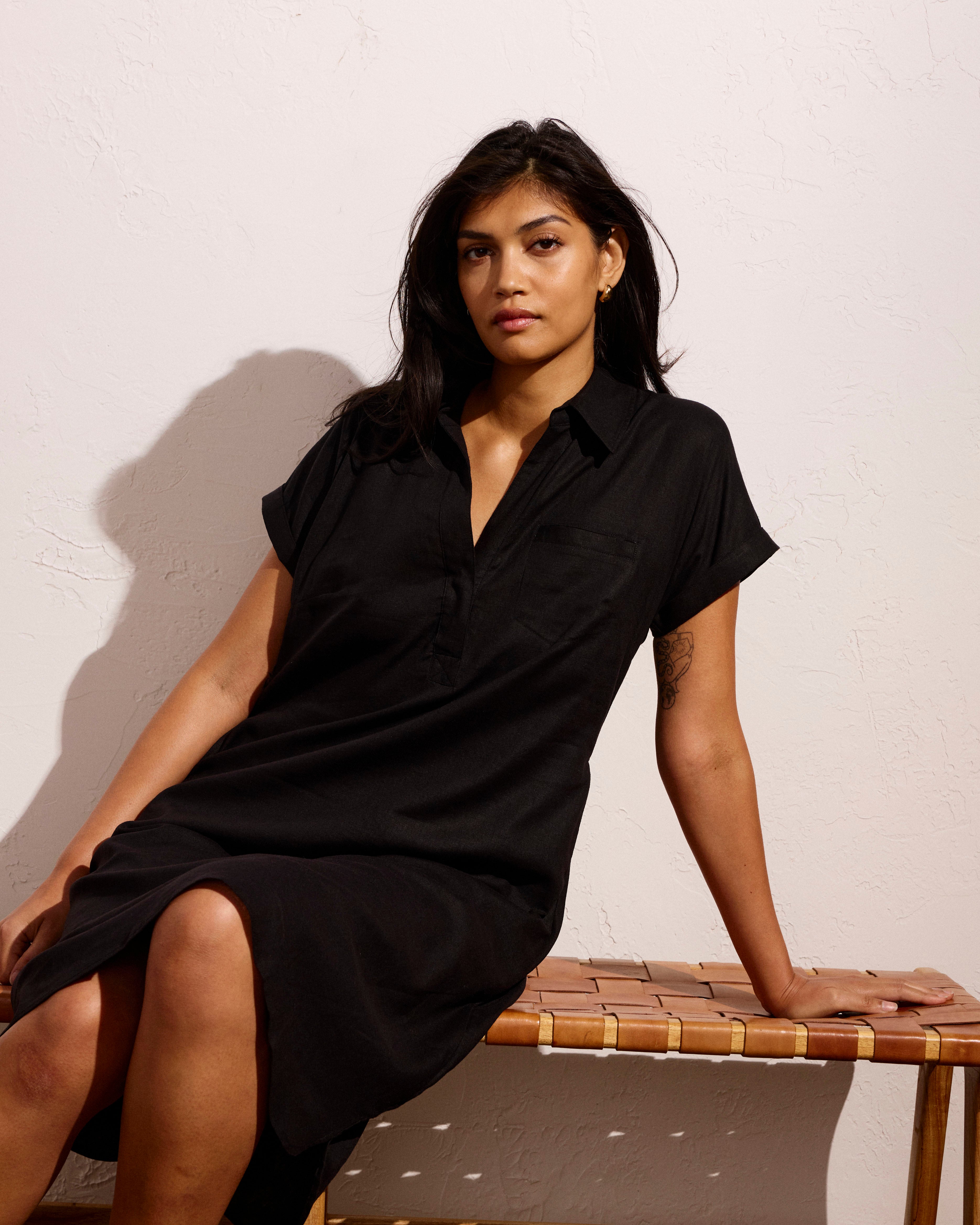 Sunshine Linen Blend Polo Dress - / Black- Size3XL