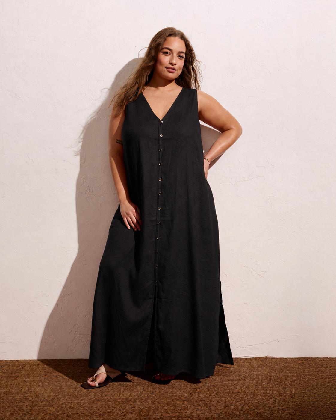 womens black button down dress Islet Button-Down Linen Maxi Dress