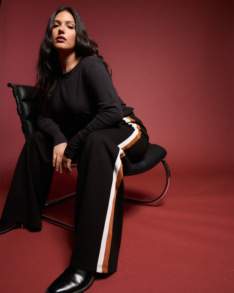 Stephanie Wide Leg Stripe Ponte Pants 33 Inch - Black with Ochre/White Stripe