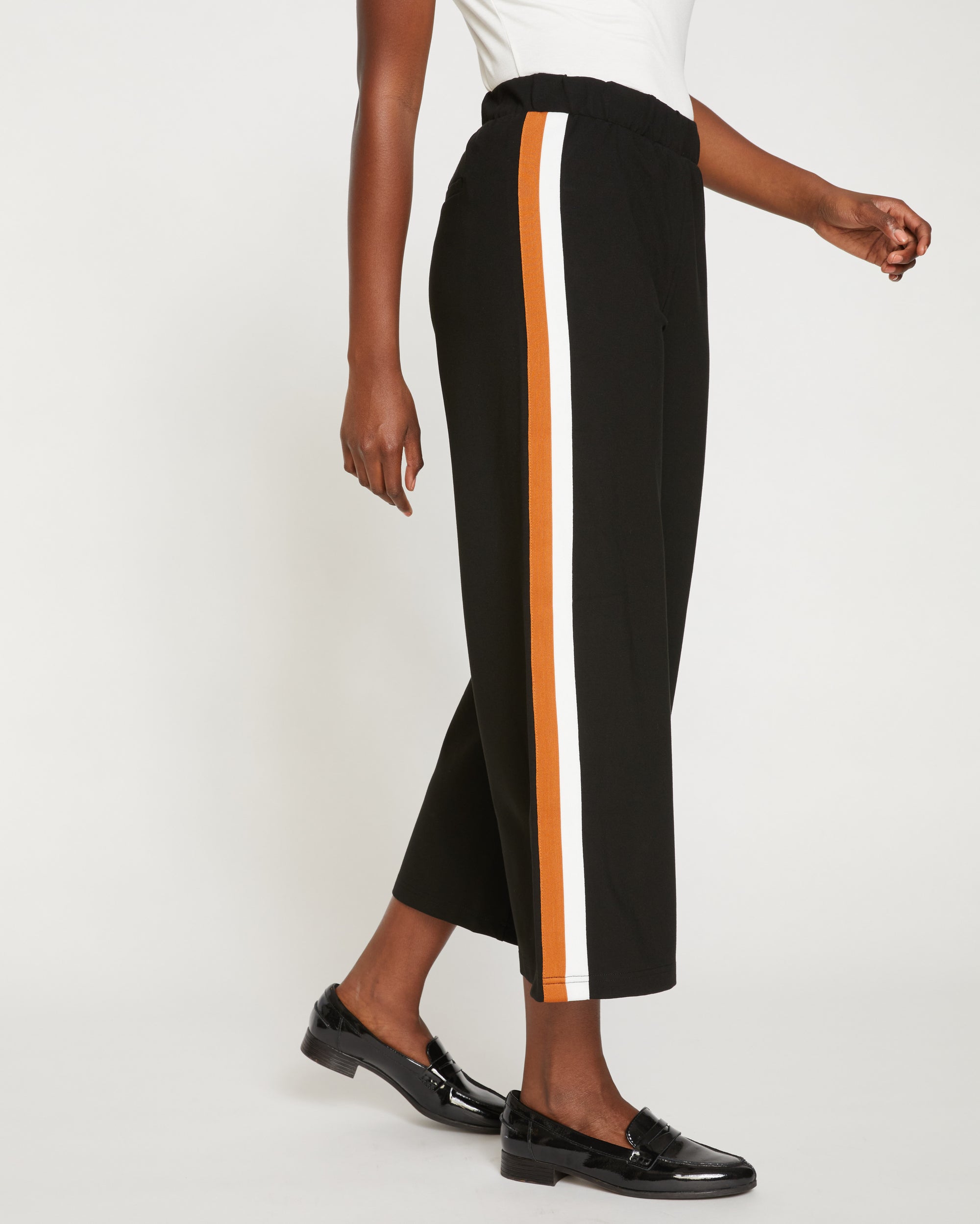 Stephanie Wide Leg Stripe Ponte Pants 27 Inch - Black with Ochre/White Stripe