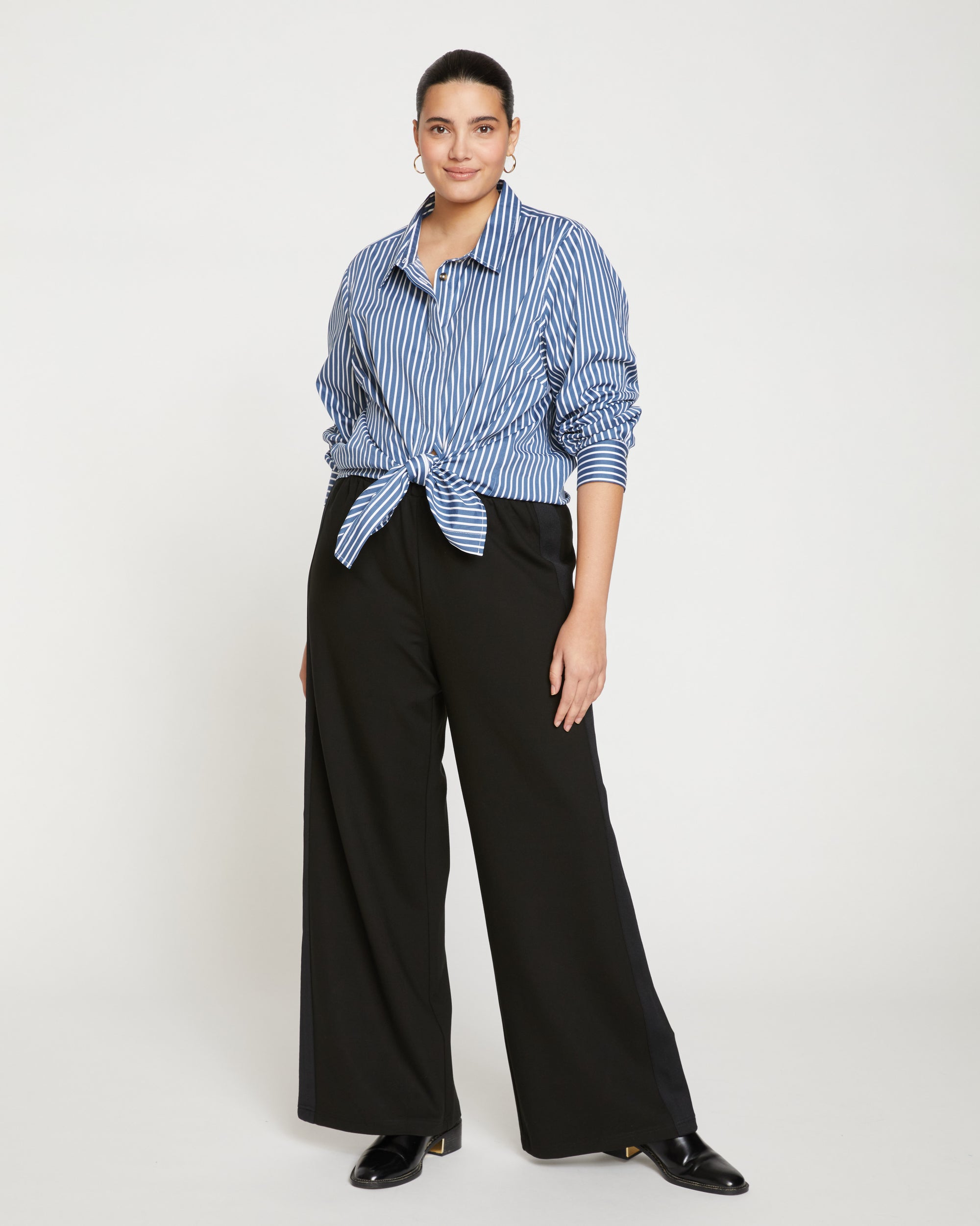 Stephanie Wide Leg Stripe Ponte Pants 33 Inch - Black with Black Stripe