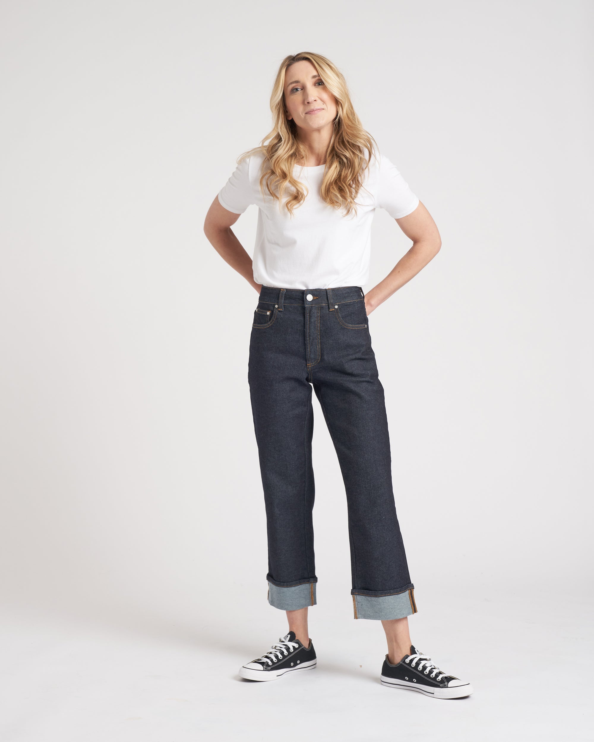 Stevie High Rise Cuffed Straight Leg Jeans - Vintage Indigo Selvedge
