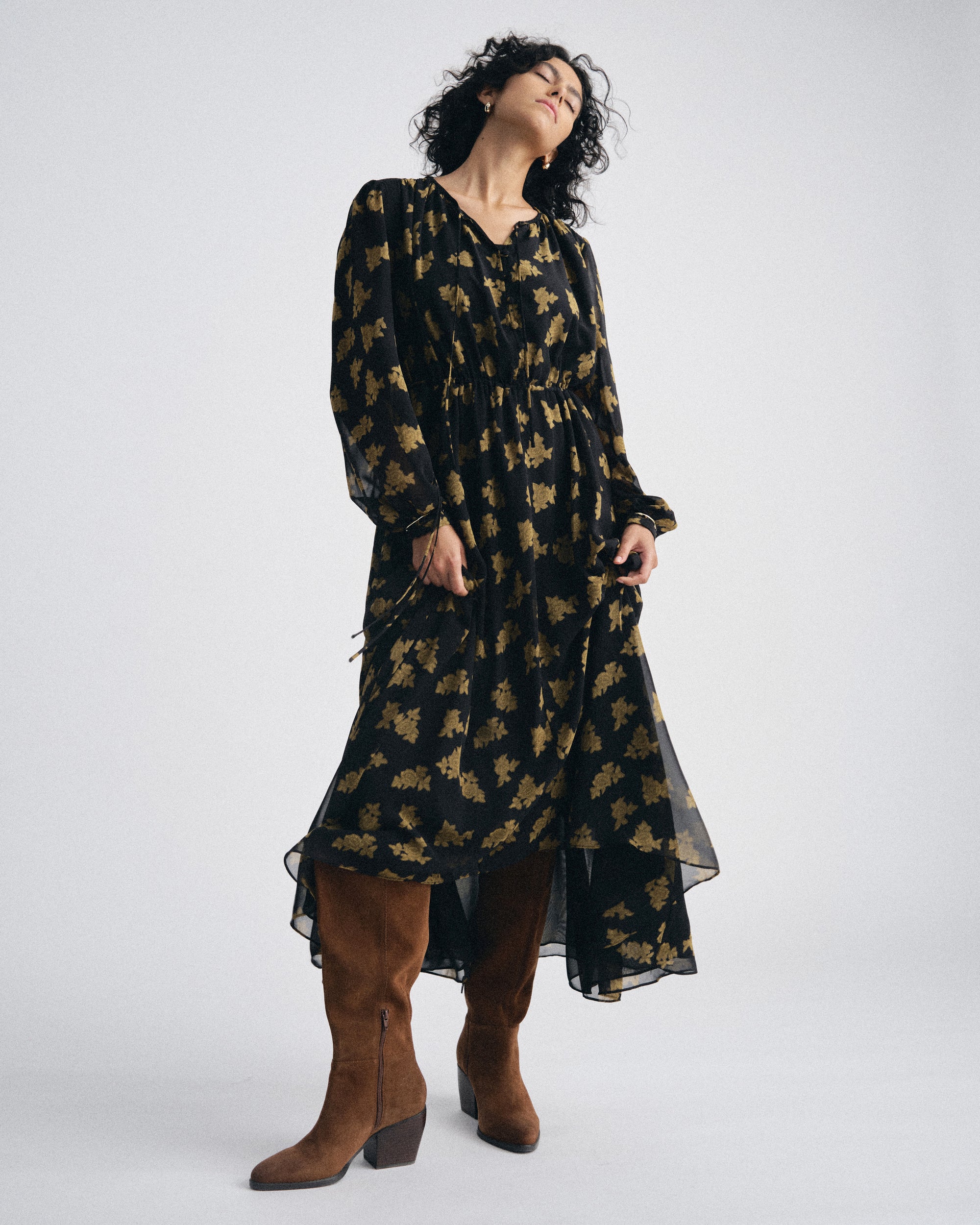 Karina Chiffon Dress - Gold Heirloom Print