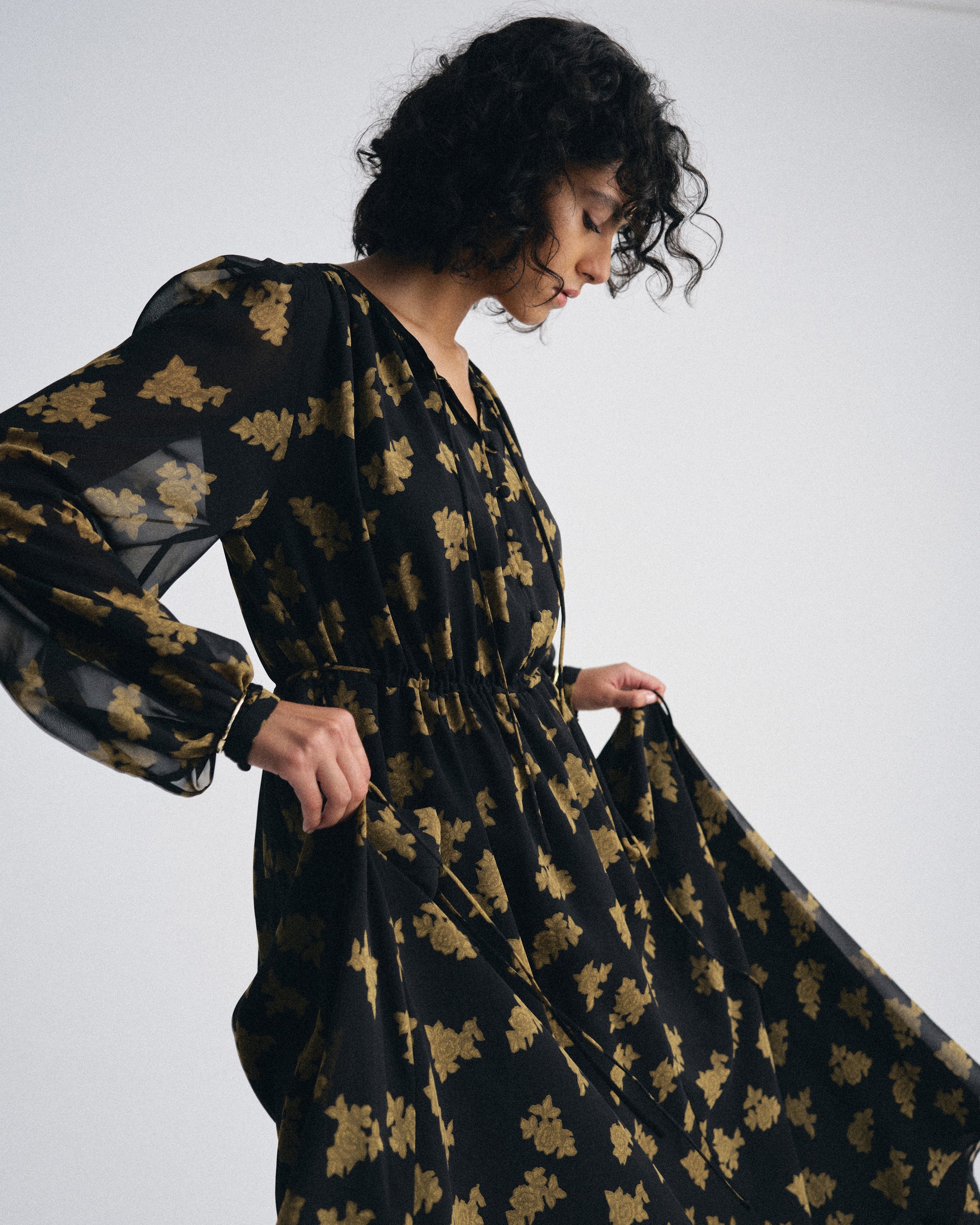 Karina Chiffon Dress - Gold Heirloom Print