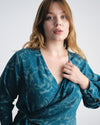 Beacon Stretch Cupro Wrap Shirt - Rose Print in Deep Teal
