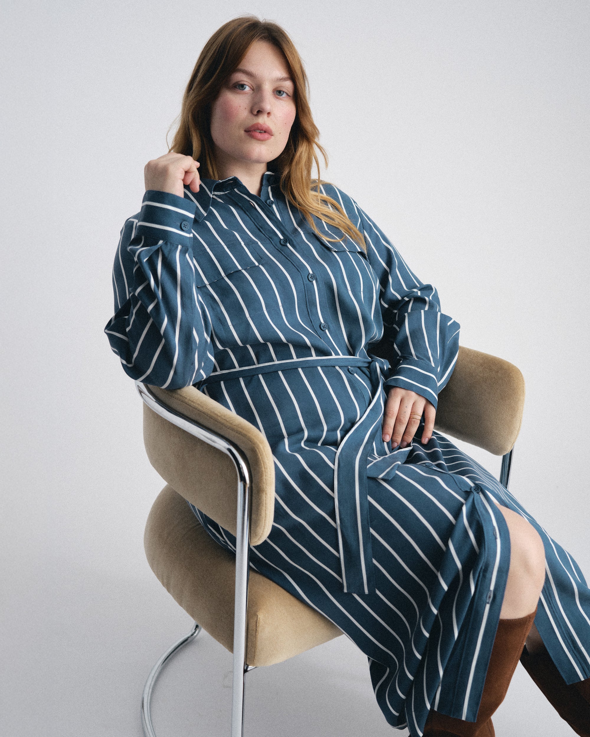 Cooling Stretch Cupro Savannah Dress - Ensign Blue/White Stripe