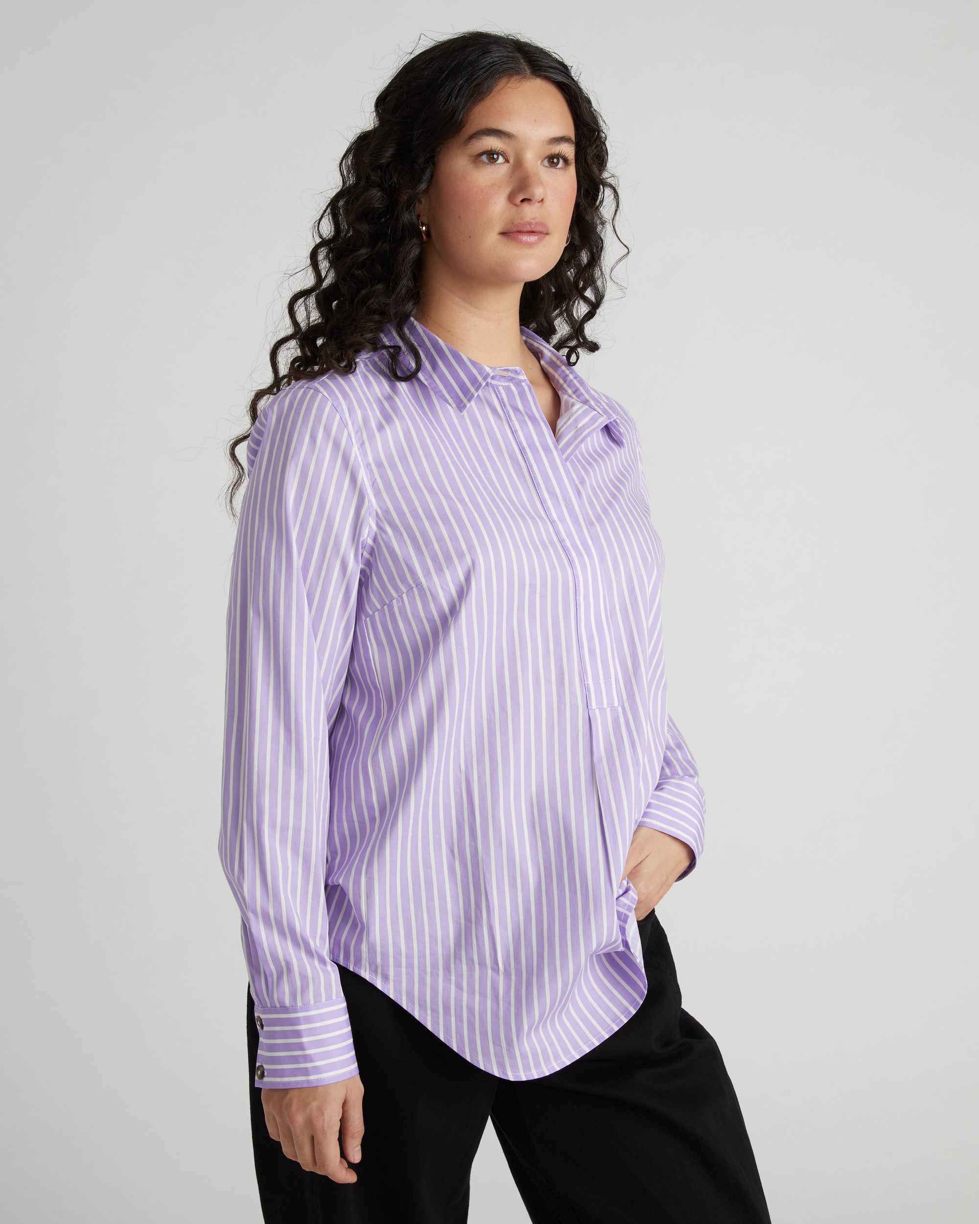 Elbe Popover Stretch Poplin Shirt Classic Fit - Lavender/White Stripe