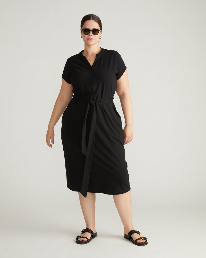 Band Collar Jersey Tie Travel Dress - Black