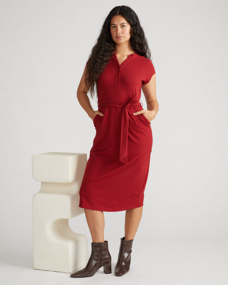 Band Collar Jersey Tie Travel Dress - Rich Soil