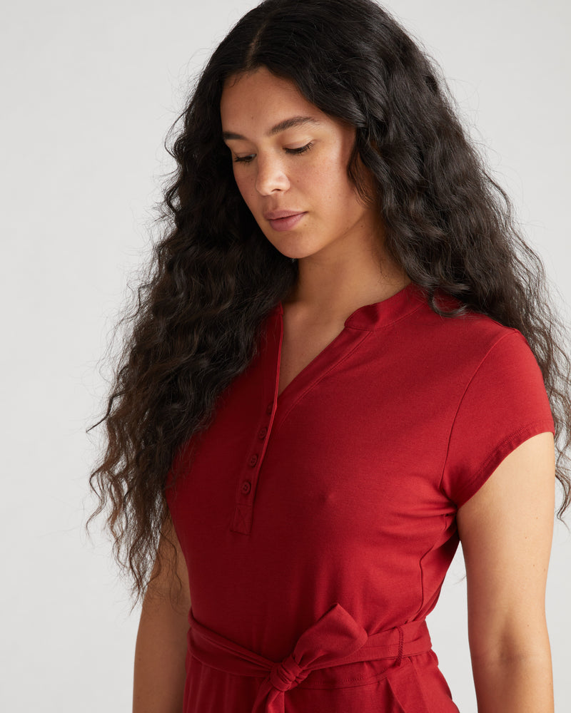 Band Collar Jersey Tie Travel Dress - Rich Soil