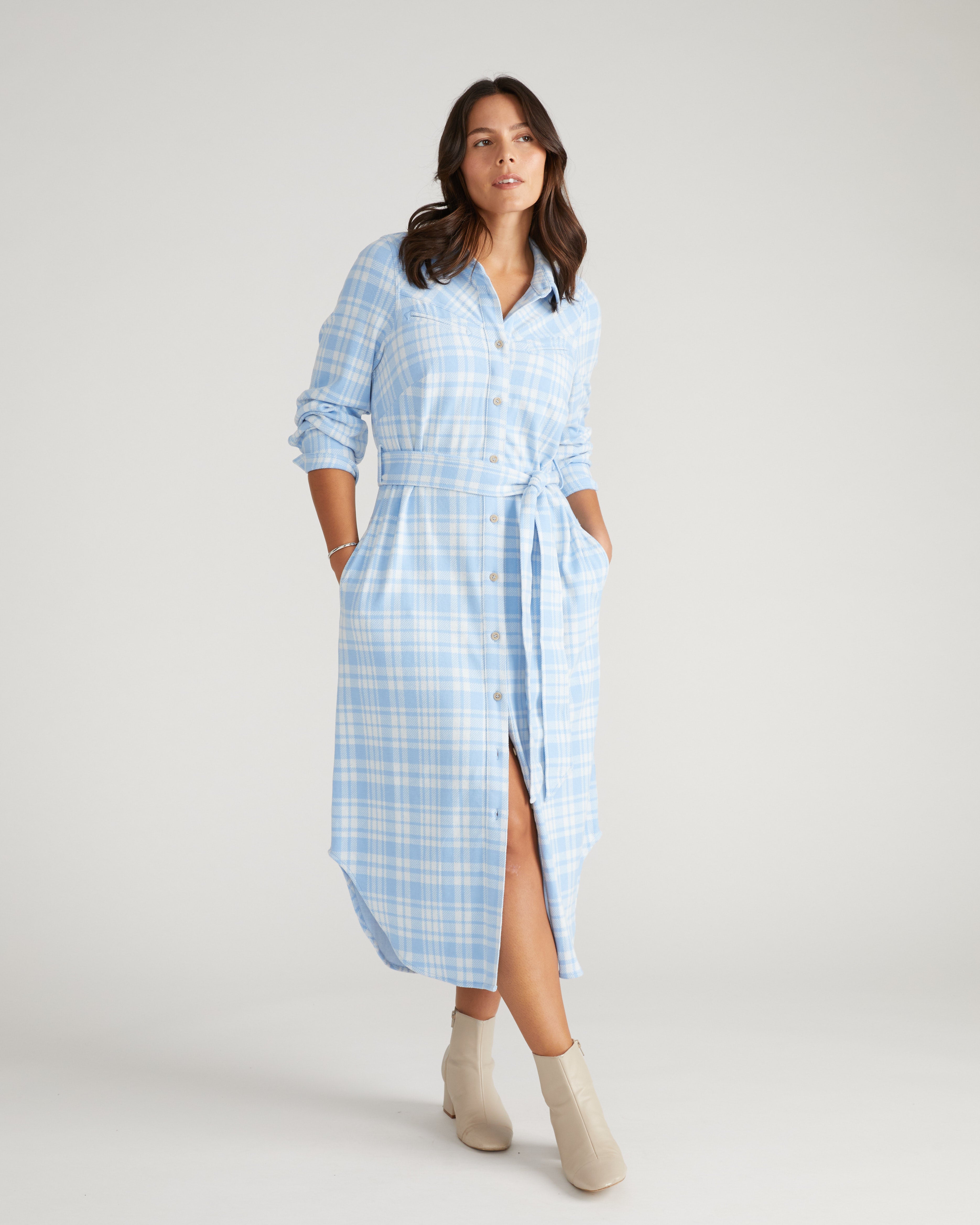 新品【meanswhile】　Dress Flannel M51 CargoPT Morgan Belted Stretch Flannel Shirtdress - Teapot Whistle Blue