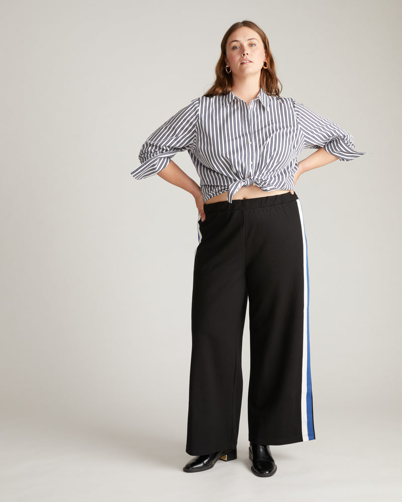 Stephanie Wide Leg Stripe Ponte Pants 30 Inch - Black with Blue/White Stripe