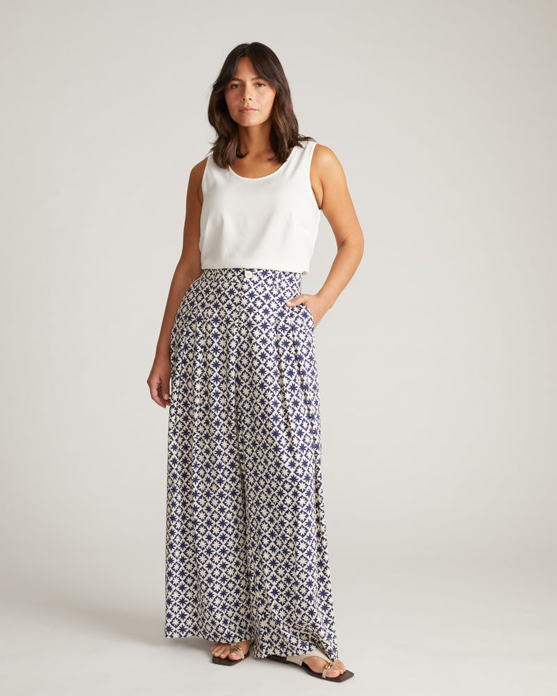 Cooling Cupro Wide Leg Pant - Navy Hacienda Print