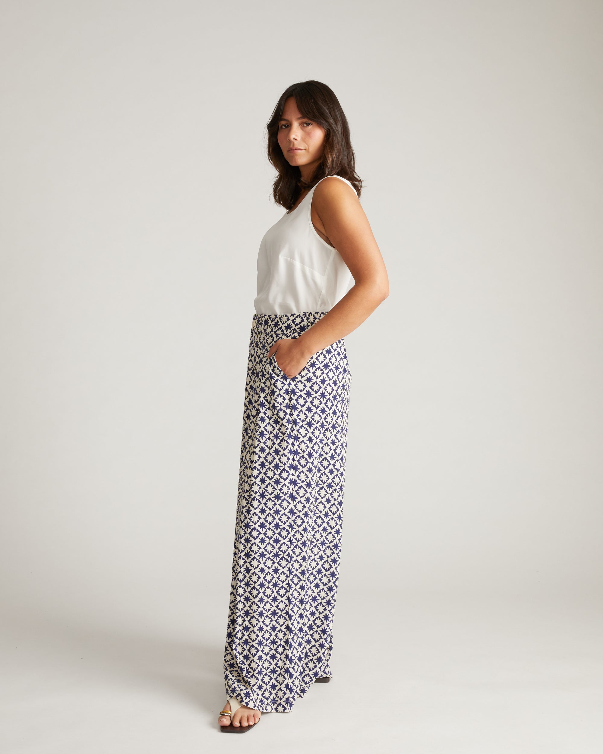 Cooling Cupro Wide Leg Pant - Navy Hacienda Print