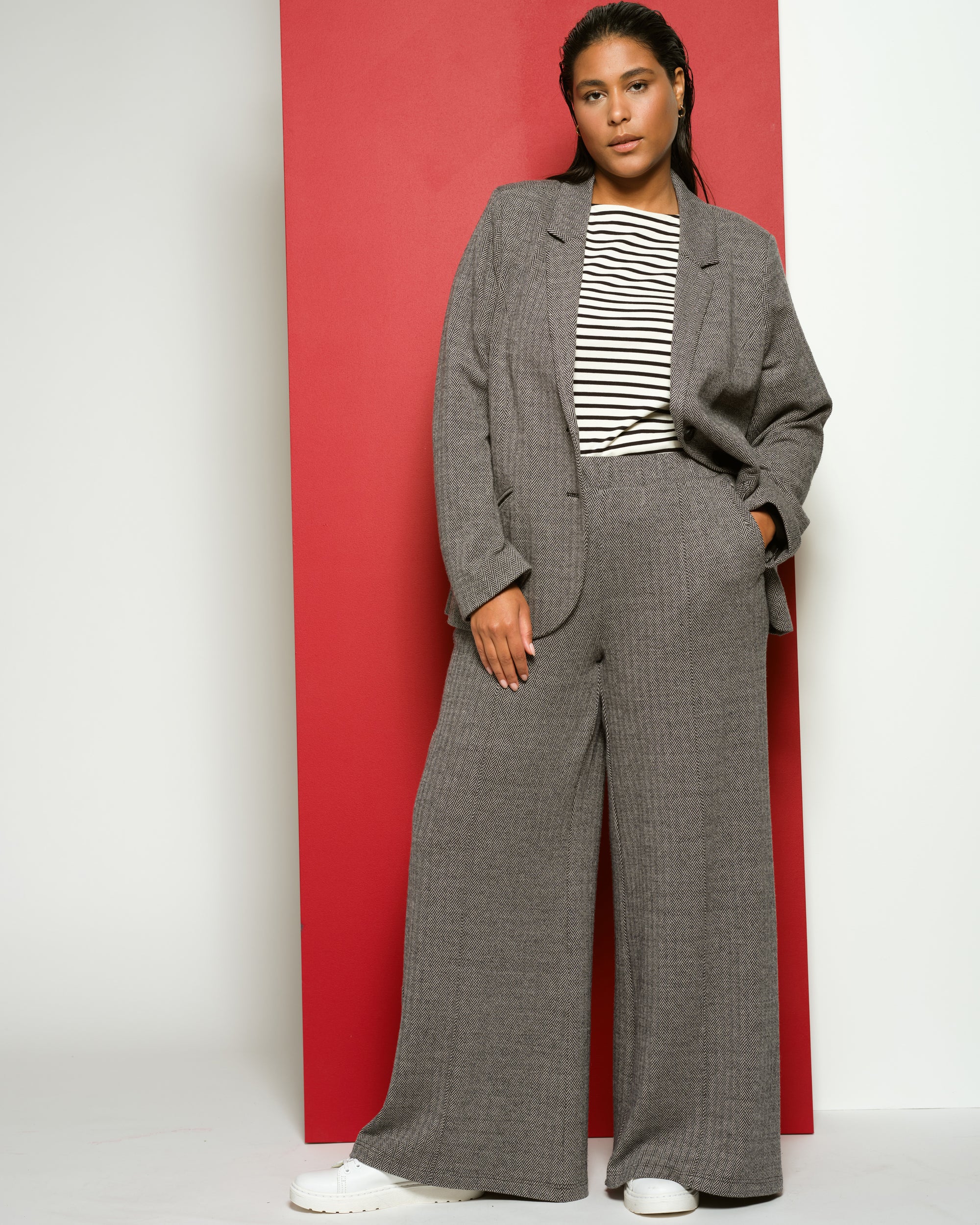 Pam Pintuck Wide Leg Ponte Pants - Herringbone Tweed