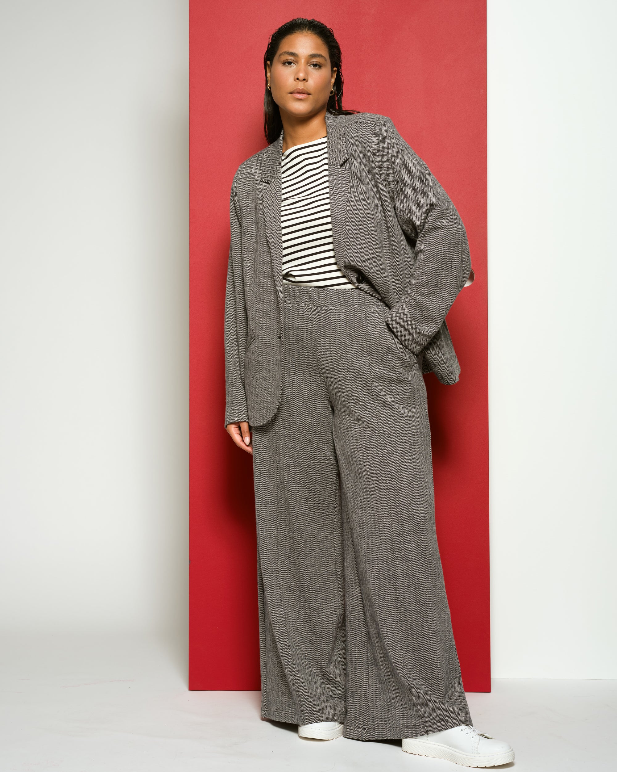 Pam Pintuck Wide Leg Ponte Pants - Herringbone Tweed