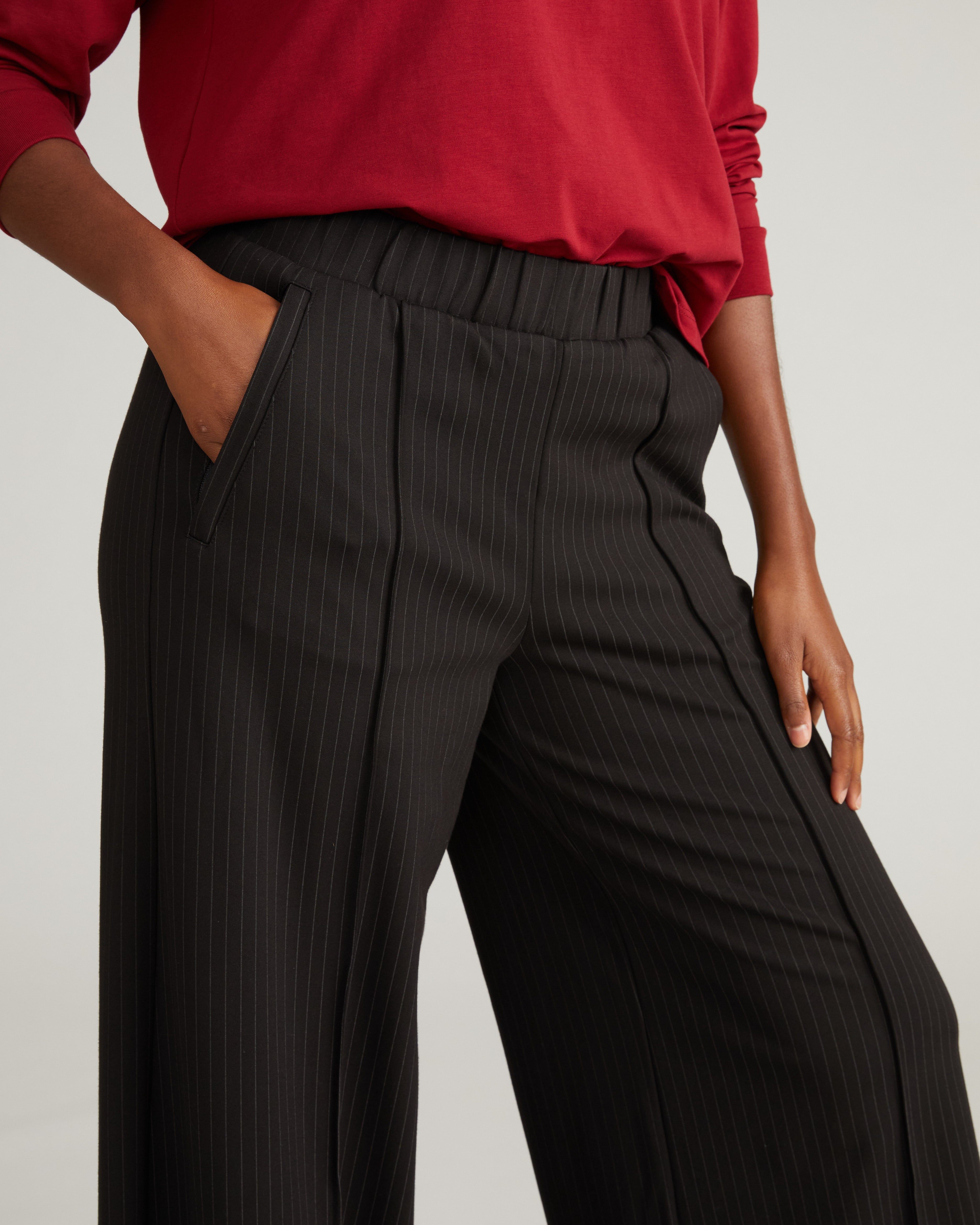 Pam Pintuck Wide Leg Ponte Pants - Slate Pinstripe