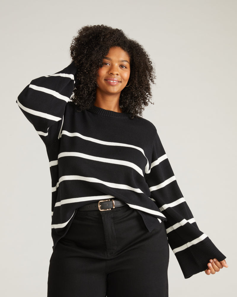 Bardot Wide Sleeve Cotton Sweater - Black/White