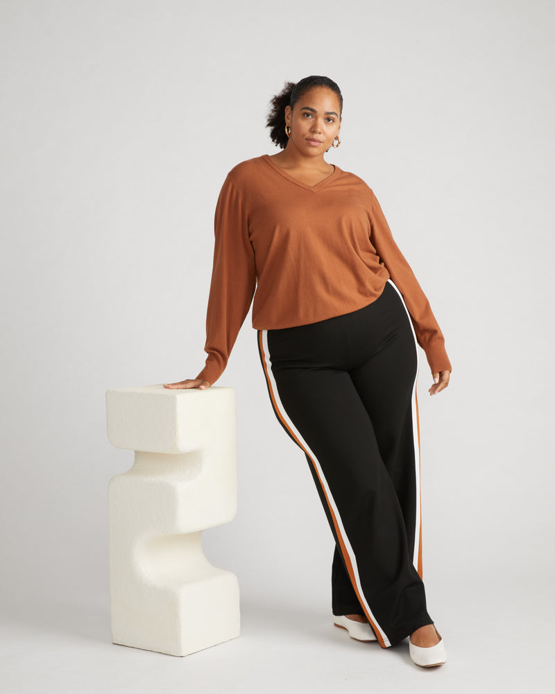Stephanie Wide Leg Stripe Ponte Pants 33 Inch - Black with Ochre/White Stripe