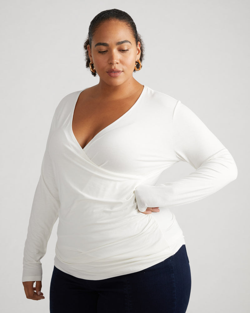 Liquid Jersey Two-Way Long Sleeve Cross Top - White