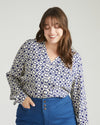 Cooling Stretch Cupro Button-Down Blouse - Navy Hacienda Print