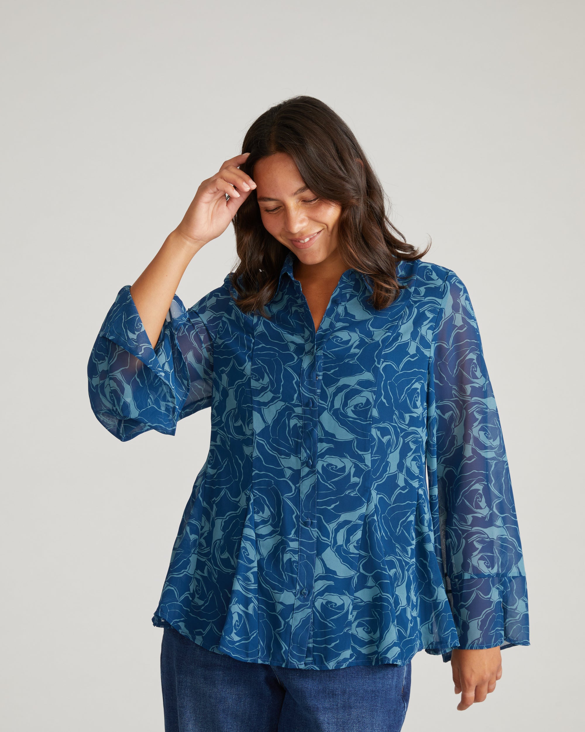Evie Chiffon Blouse - Rose Print in Deep Teal