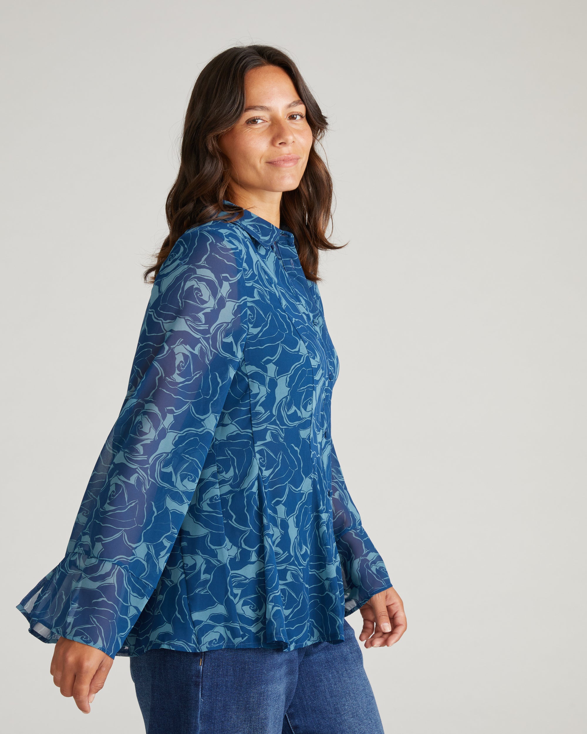 Evie Chiffon Blouse - Rose Print in Deep Teal
