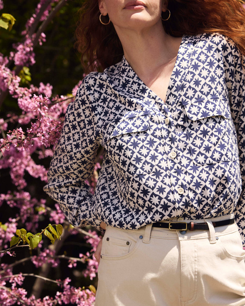 Cooling Stretch Cupro Button-Down Blouse - Navy Hacienda Print