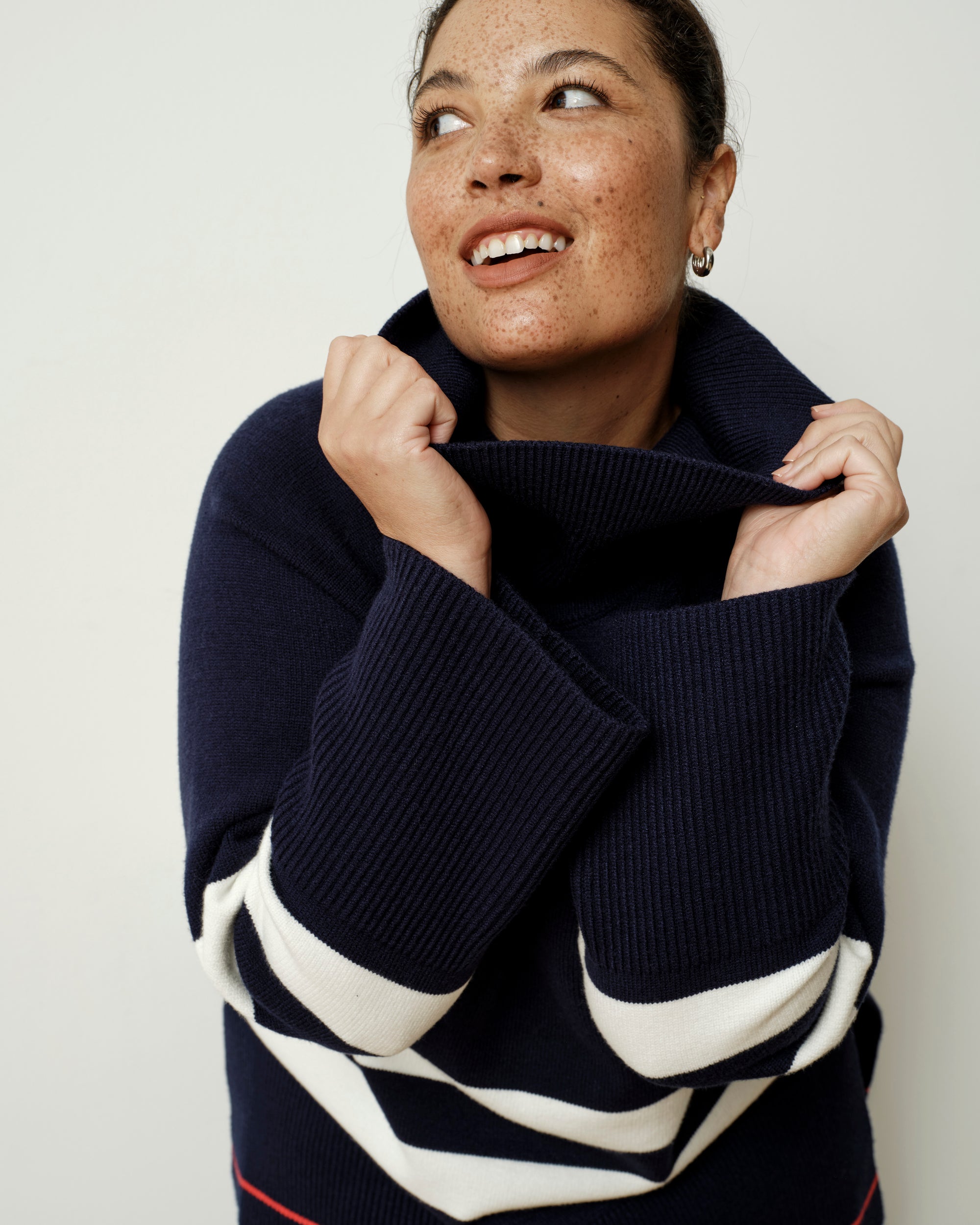 Better-Than-Wool Oversize Turtleneck Sweater - Navy/Cream Stripes with Red Hem