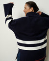 Better-Than-Wool Oversize Turtleneck Sweater - Navy/Cream Stripes with Red Hem