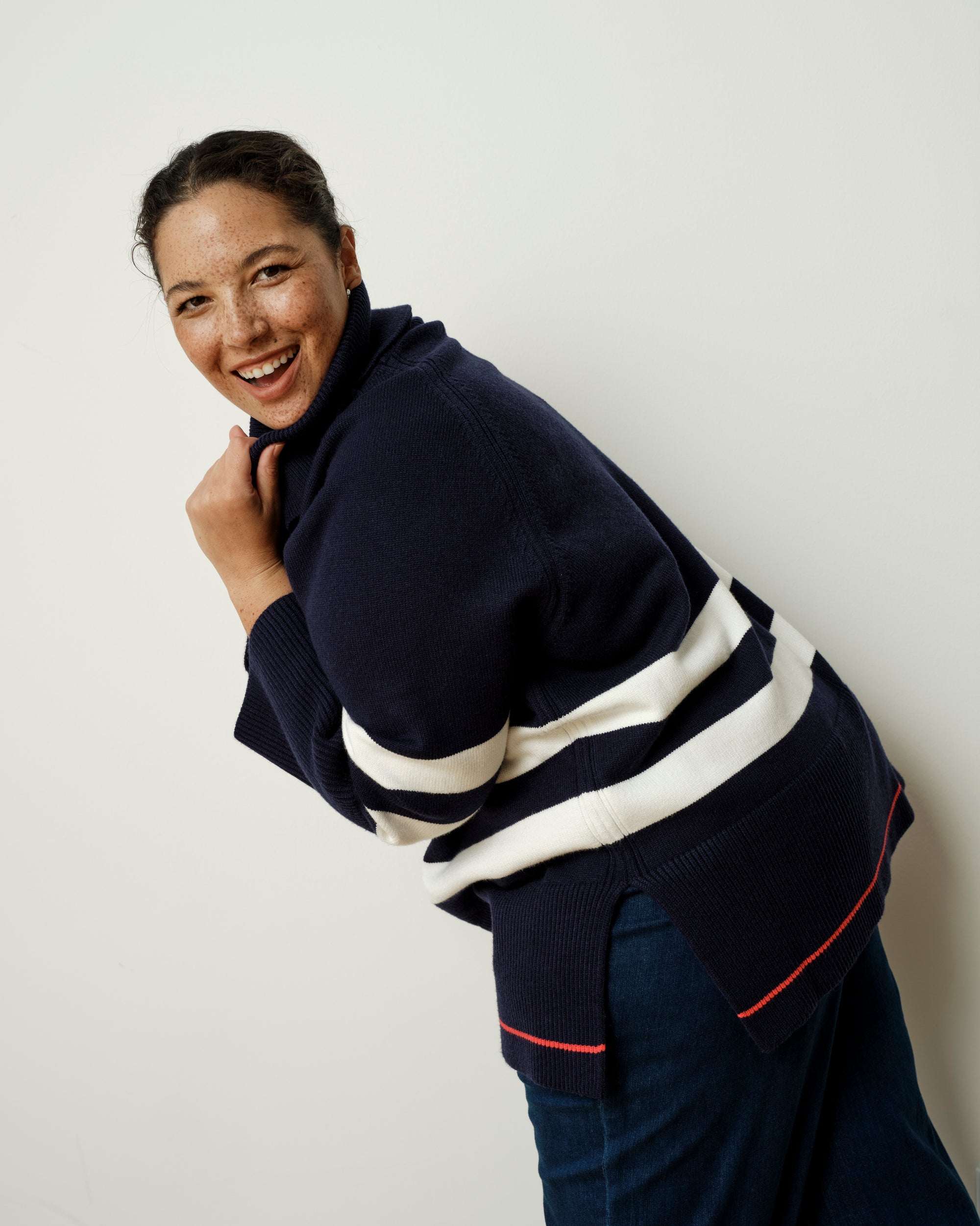 Better-Than-Wool Oversize Turtleneck Sweater - Navy/Cream Stripes with Red Hem