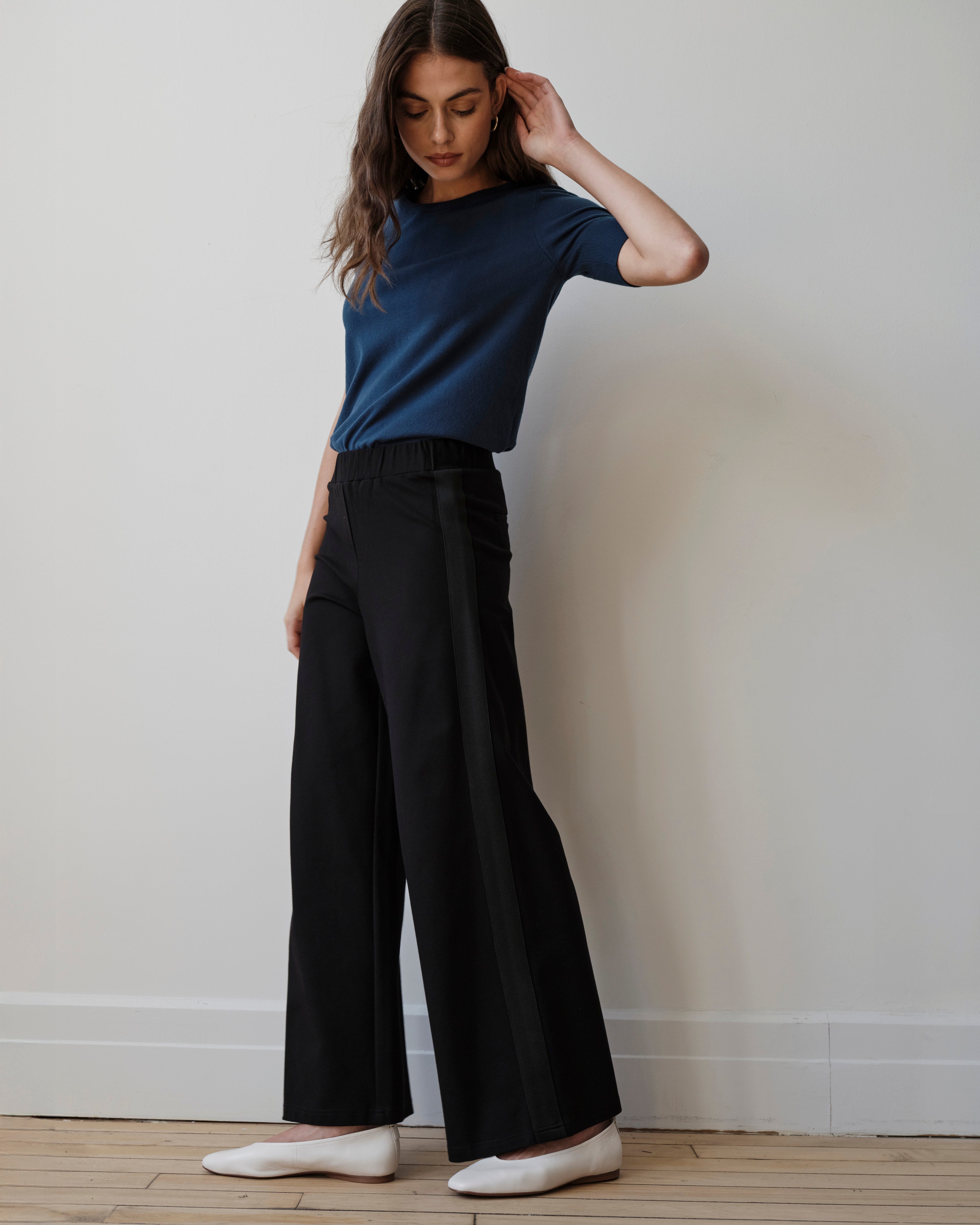Stephanie Wide Leg Stripe Ponte Pants 30 Inch Black with Black