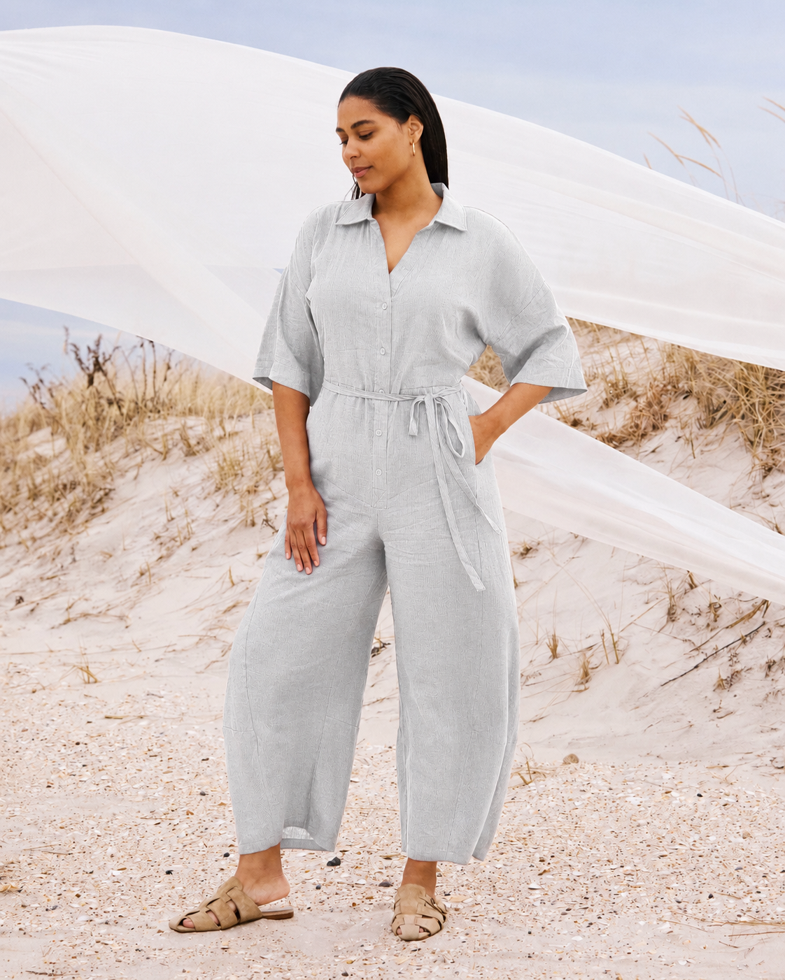 Maggie Barrel Leg Linen Jumpsuit - / Beach Stripe- SizeL - by Universal Standard