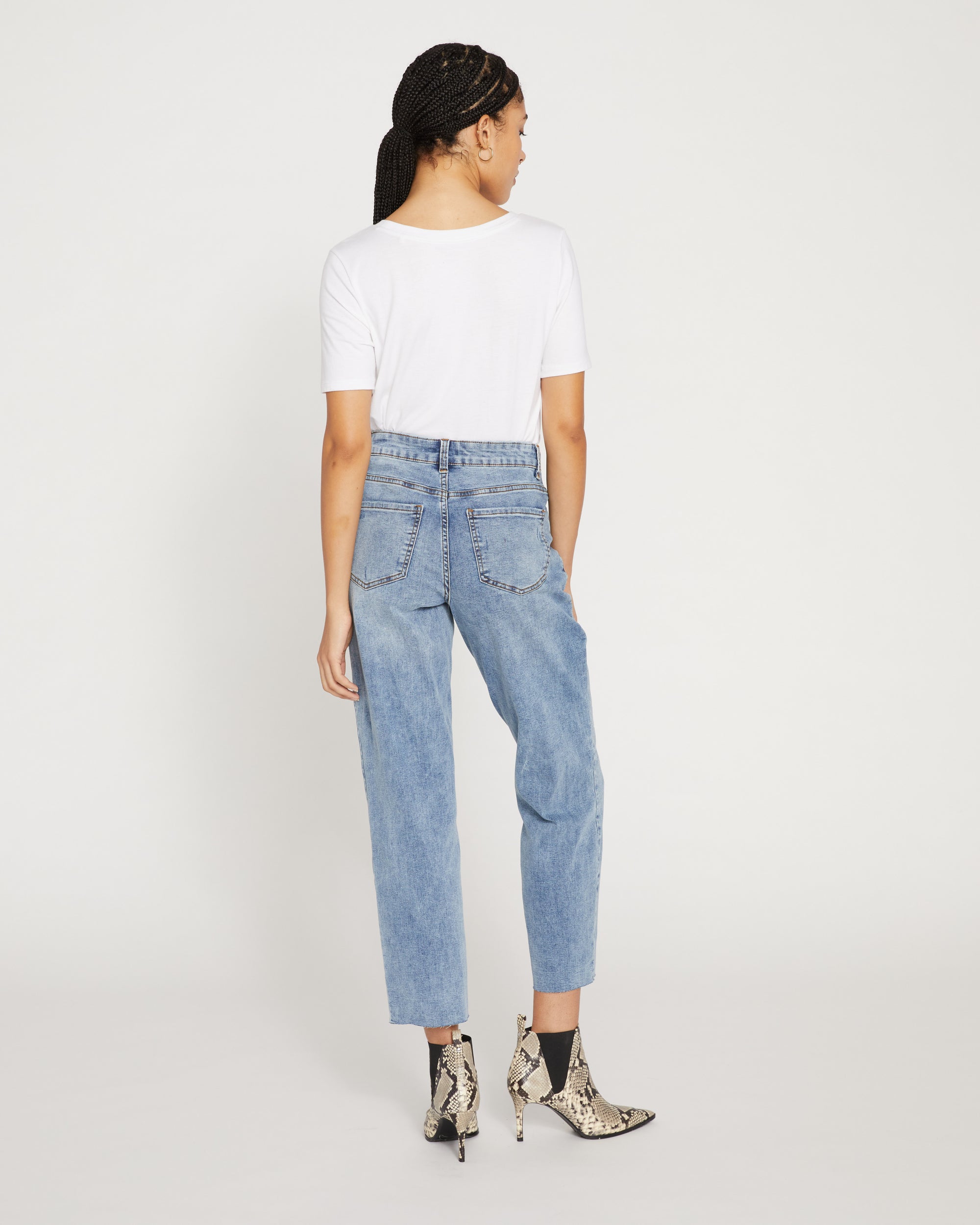 Katie High Rise Crossover Jeans - Distressed Vintage Indigo Wash
