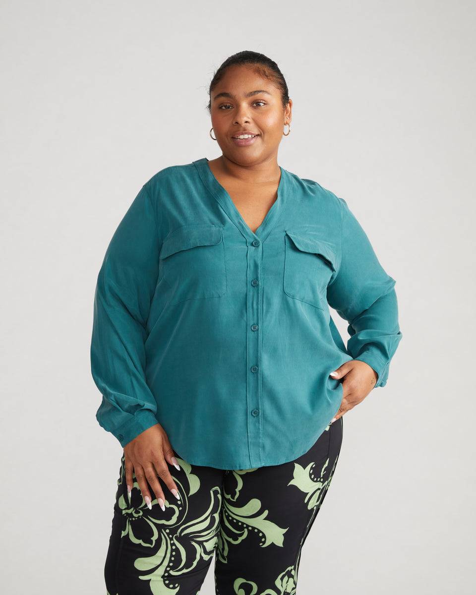 Cooling Stretch Cupro Button-Down Blouse - Ocean Floor Zoom image 2