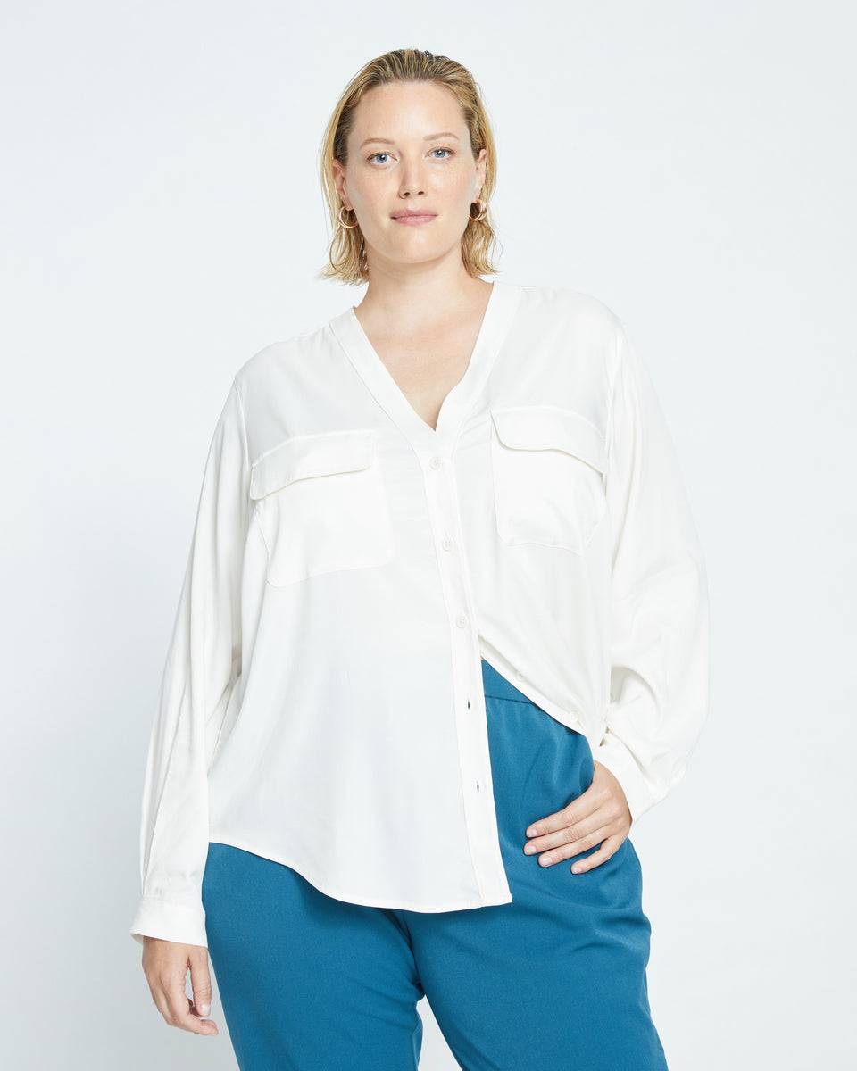 Cooling Stretch Cupro Button-Down Blouse - Cream Zoom image 2