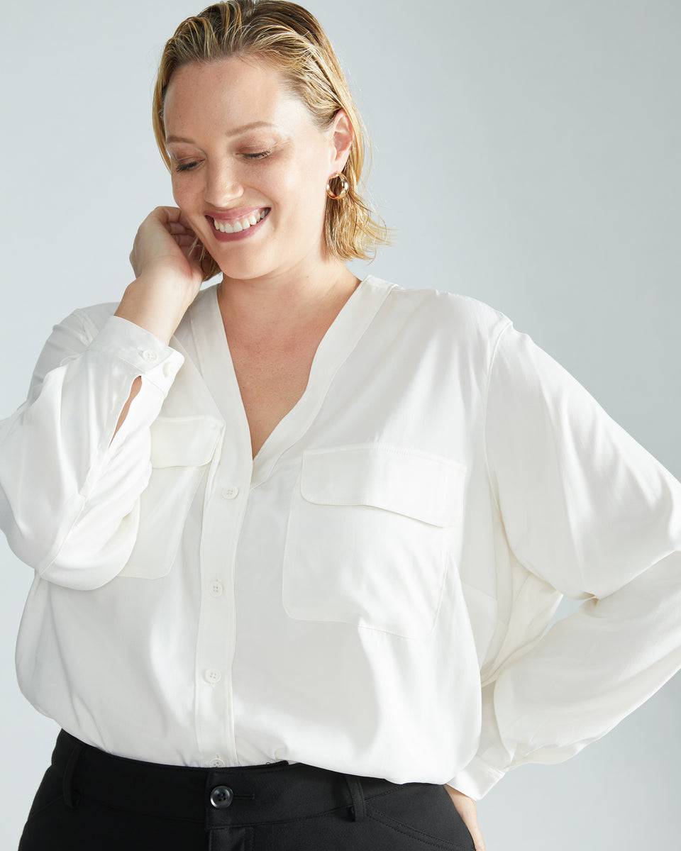 Cooling Stretch Cupro Button-Down Blouse - Cream Zoom image 0
