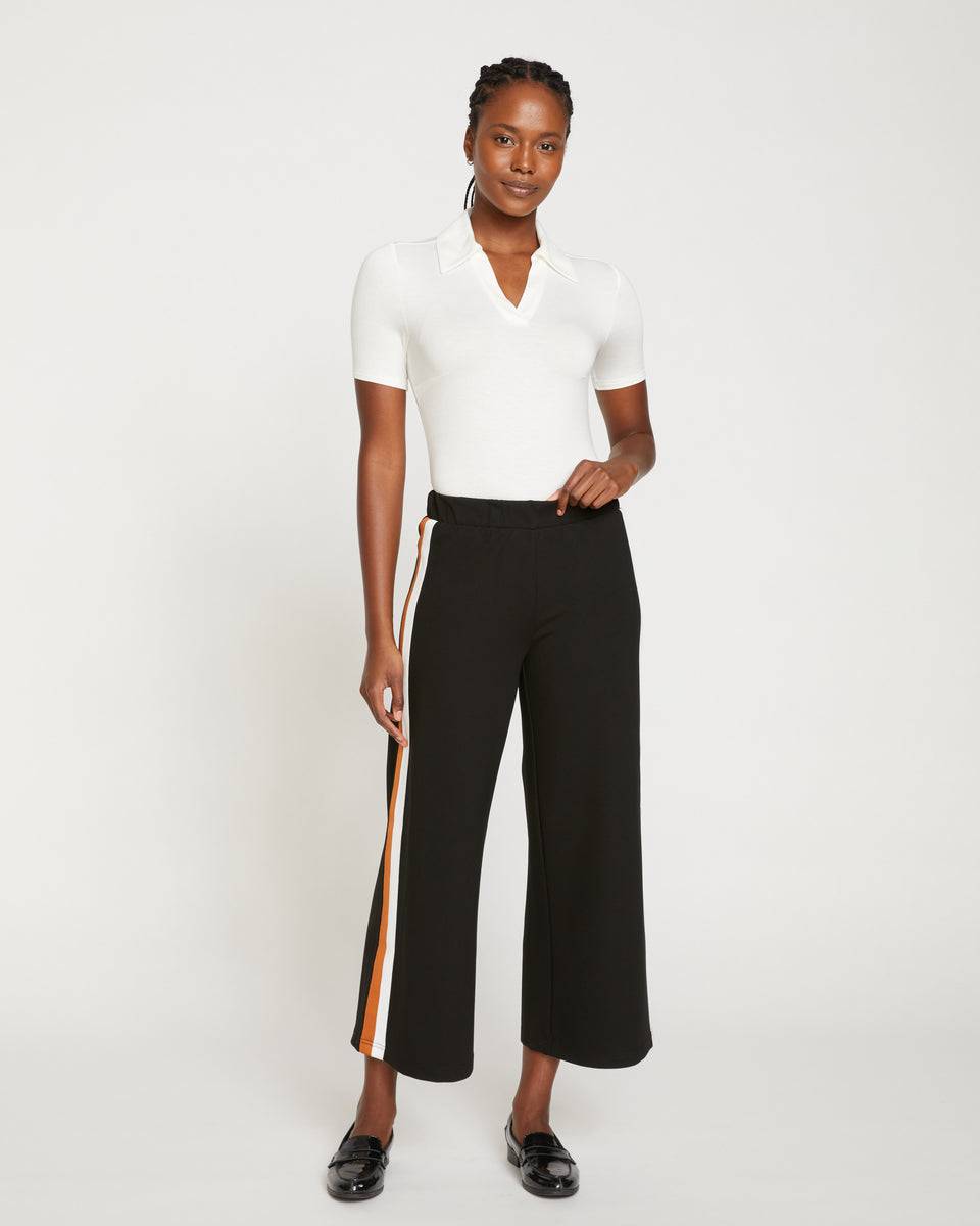Stephanie Wide Leg Stripe Ponte Pants 27 Inch - Black with Ochre/White Stripe Zoom image 0